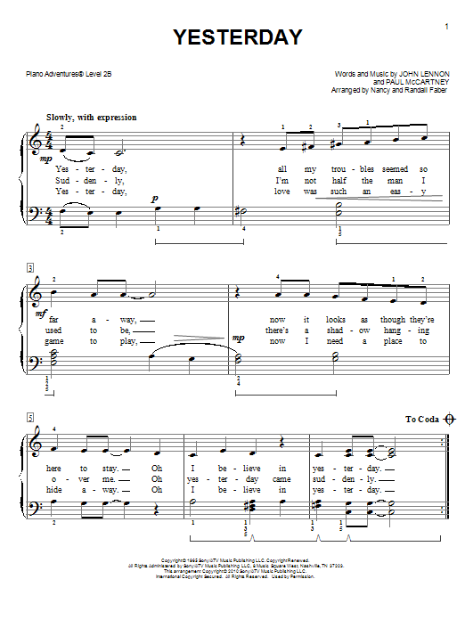 Nancy and Randall Faber Yesterday Sheet Music Notes & Chords for Piano Adventures - Download or Print PDF