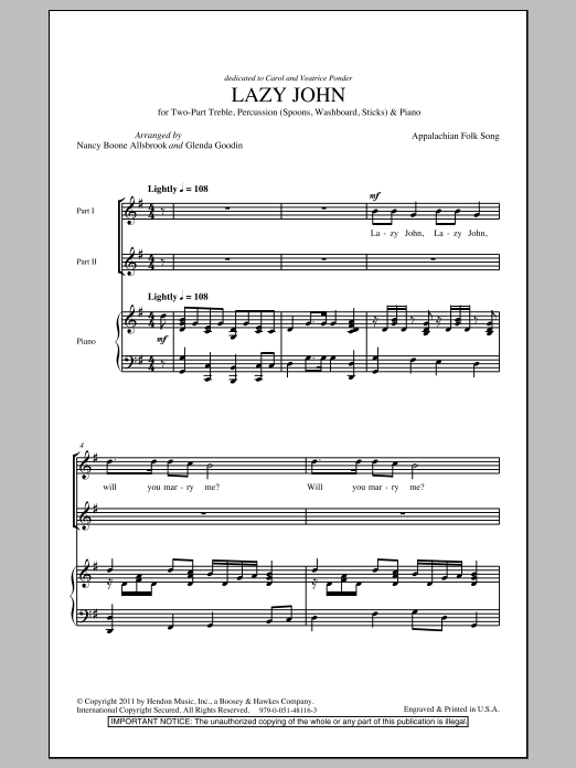 Nancy Boone Allsbrook Lazy John Sheet Music Notes & Chords for 2-Part Choir - Download or Print PDF