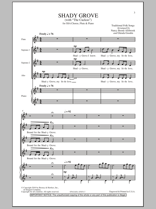 Nancy Boone Allsbrook Shady Grove (with The Cuckoo) Sheet Music Notes & Chords for SSA - Download or Print PDF