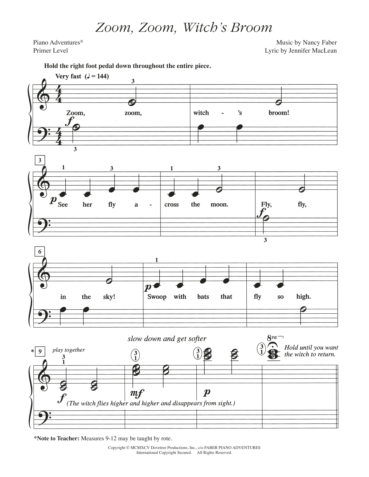 Nancy Faber Zoom, Zoom, Witch's Broom Sheet Music Notes & Chords for Piano Adventures - Download or Print PDF