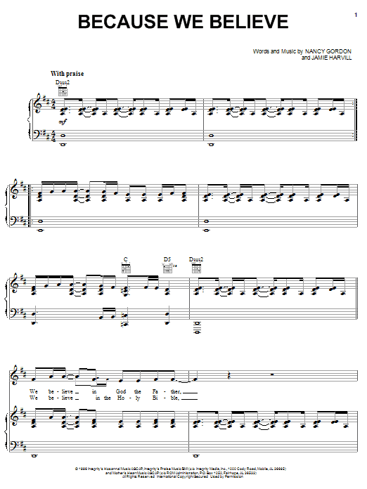 Nancy Gordon Because We Believe Sheet Music Notes & Chords for Piano, Vocal & Guitar (Right-Hand Melody) - Download or Print PDF