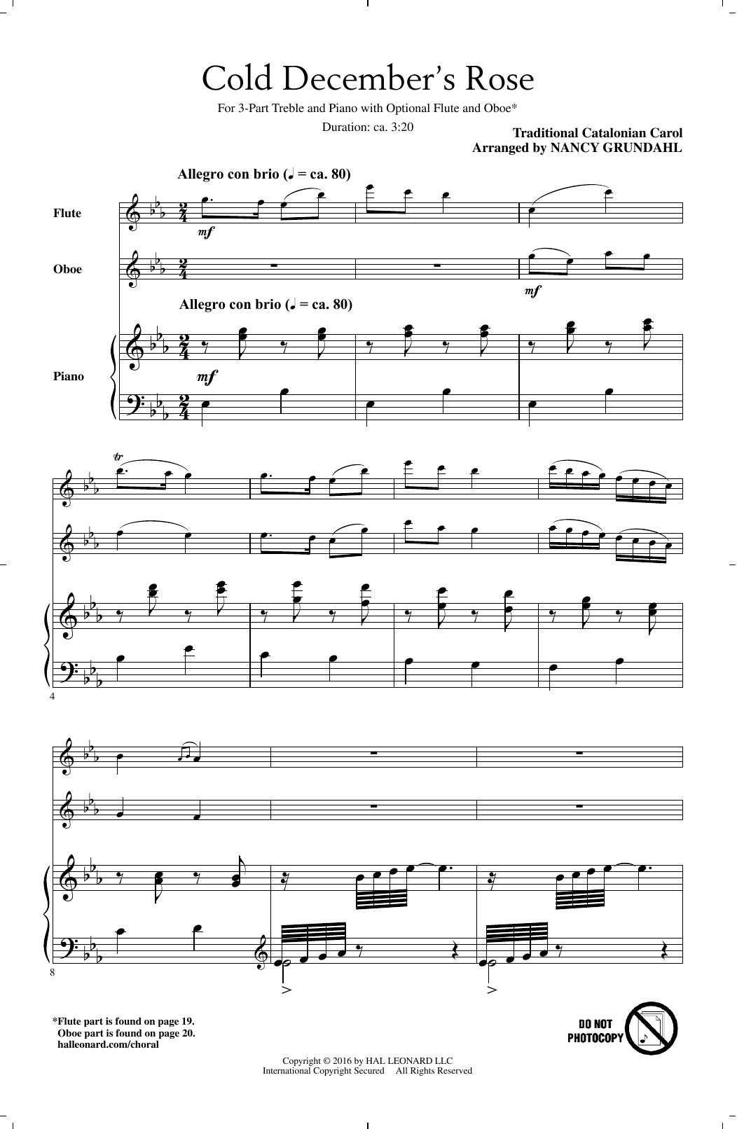 Traditional Carol Cold December's Rose (arr. Nancy Grundahl) Sheet Music Notes & Chords for 3-Part Treble - Download or Print PDF