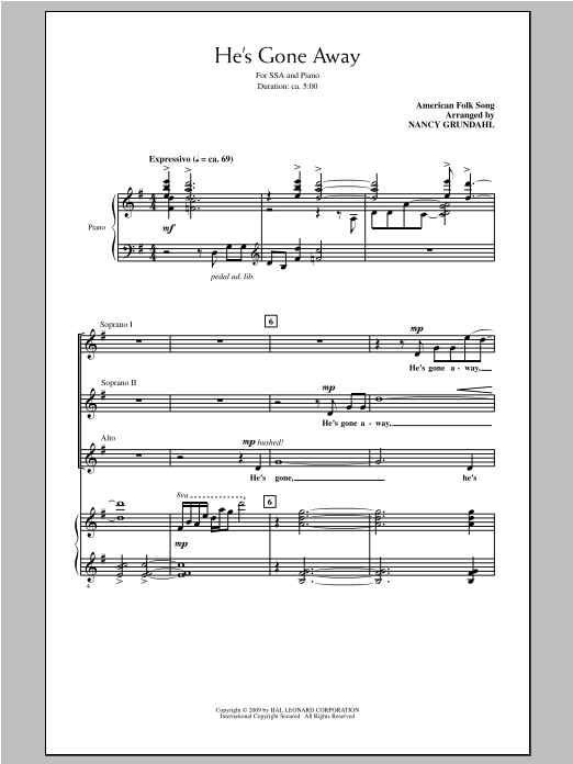 Nancy Grundahl He's Gone Away Sheet Music Notes & Chords for SSA - Download or Print PDF