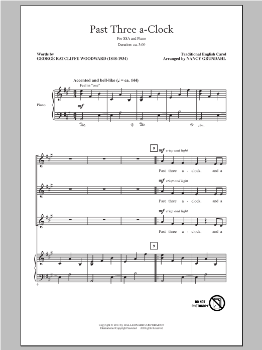 Traditional Carol Past Three A Clock (arr. Nancy Grundahl) Sheet Music Notes & Chords for SSA - Download or Print PDF