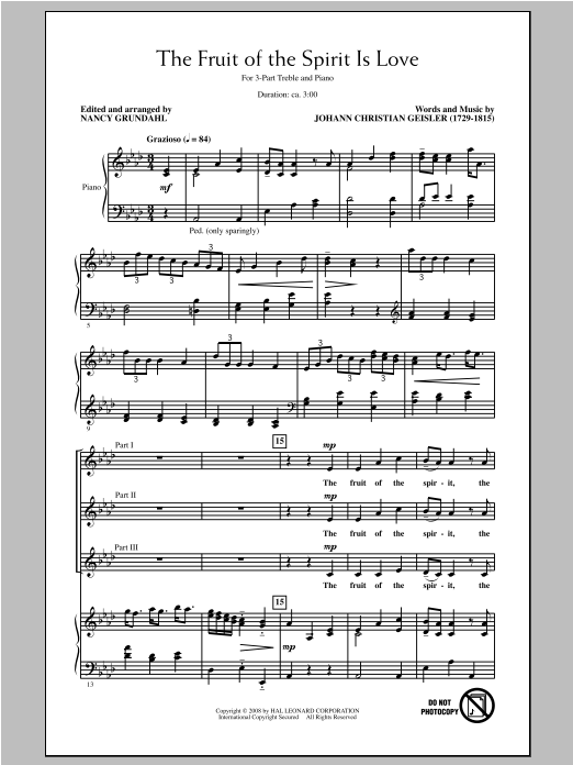 Johann Christian Geisler The Fruit Of The Spirit Is Love (arr. Nancy Grundahl) Sheet Music Notes & Chords for 3-Part Treble - Download or Print PDF