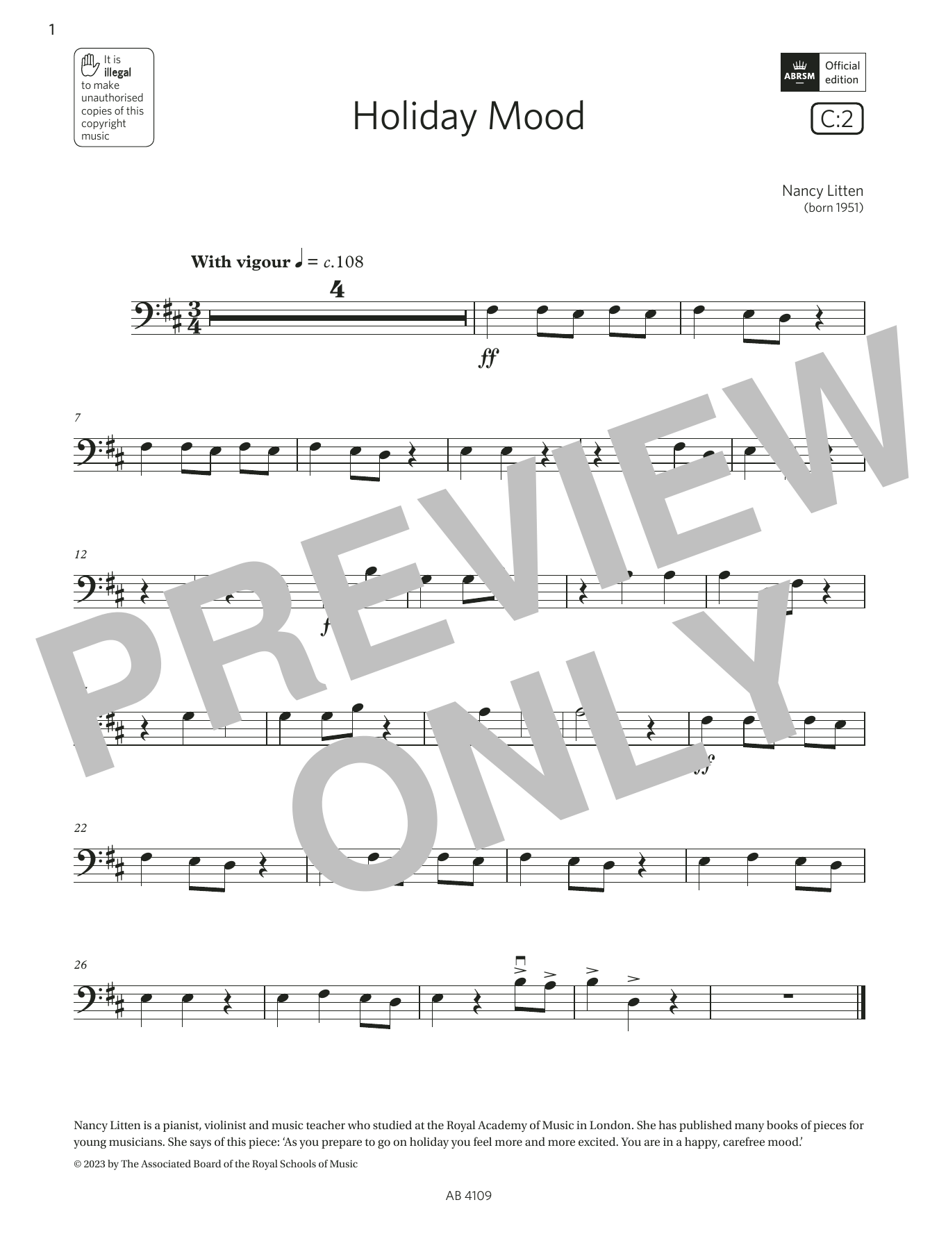 Nancy Litten Holiday Mood (Grade Initial, C2, from the ABRSM Double Bass Syllabus from 2024) Sheet Music Notes & Chords for String Bass Solo - Download or Print PDF