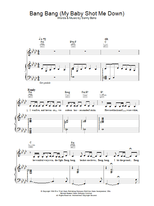 Nancy Sinatra Bang Bang (My Baby Shot Me Down) Sheet Music Notes & Chords for Piano, Vocal & Guitar - Download or Print PDF