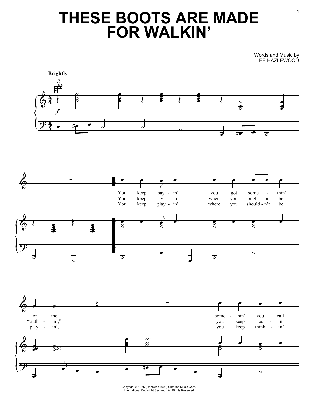 Nancy Sinatra These Boots Are Made For Walkin' Sheet Music Notes & Chords for Piano, Vocal & Guitar (Right-Hand Melody) - Download or Print PDF
