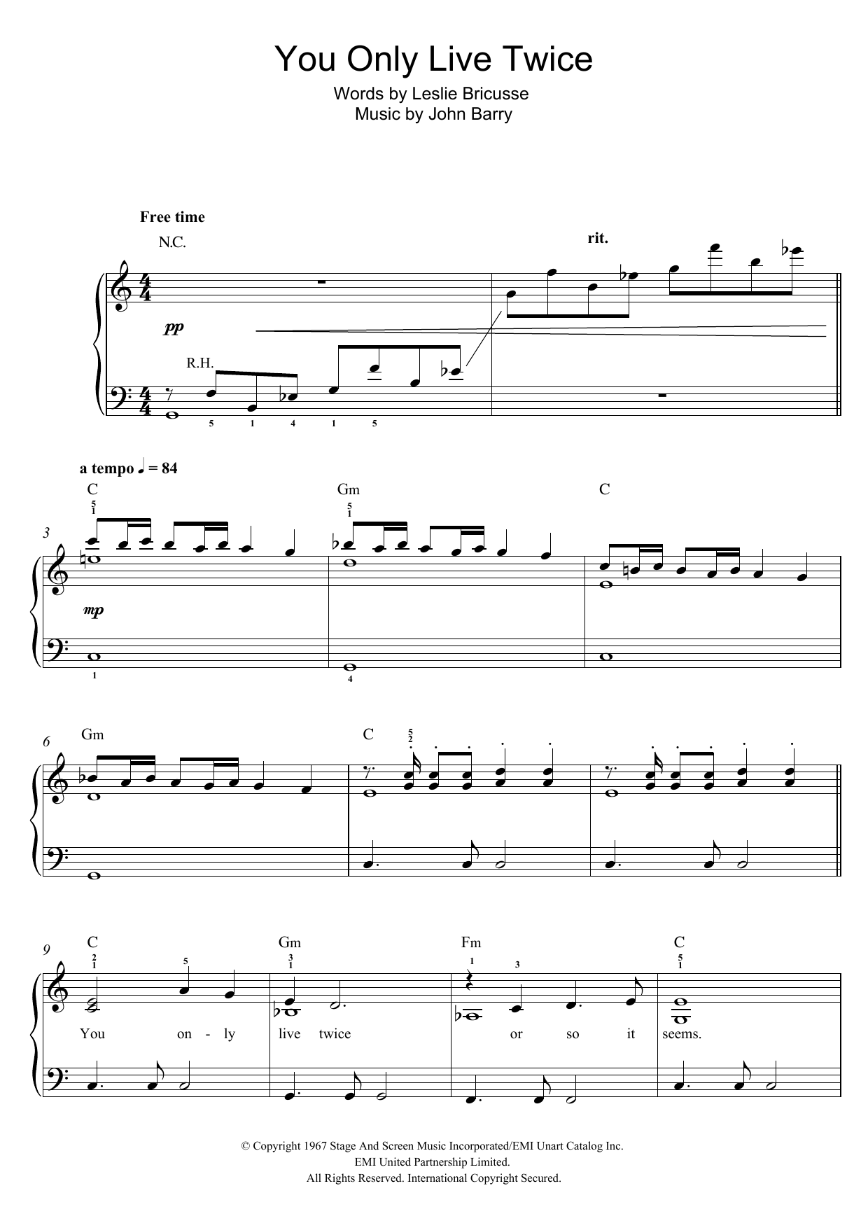 Nancy Sinatra You Only Live Twice (theme from the James Bond film) Sheet Music Notes & Chords for Easy Piano - Download or Print PDF