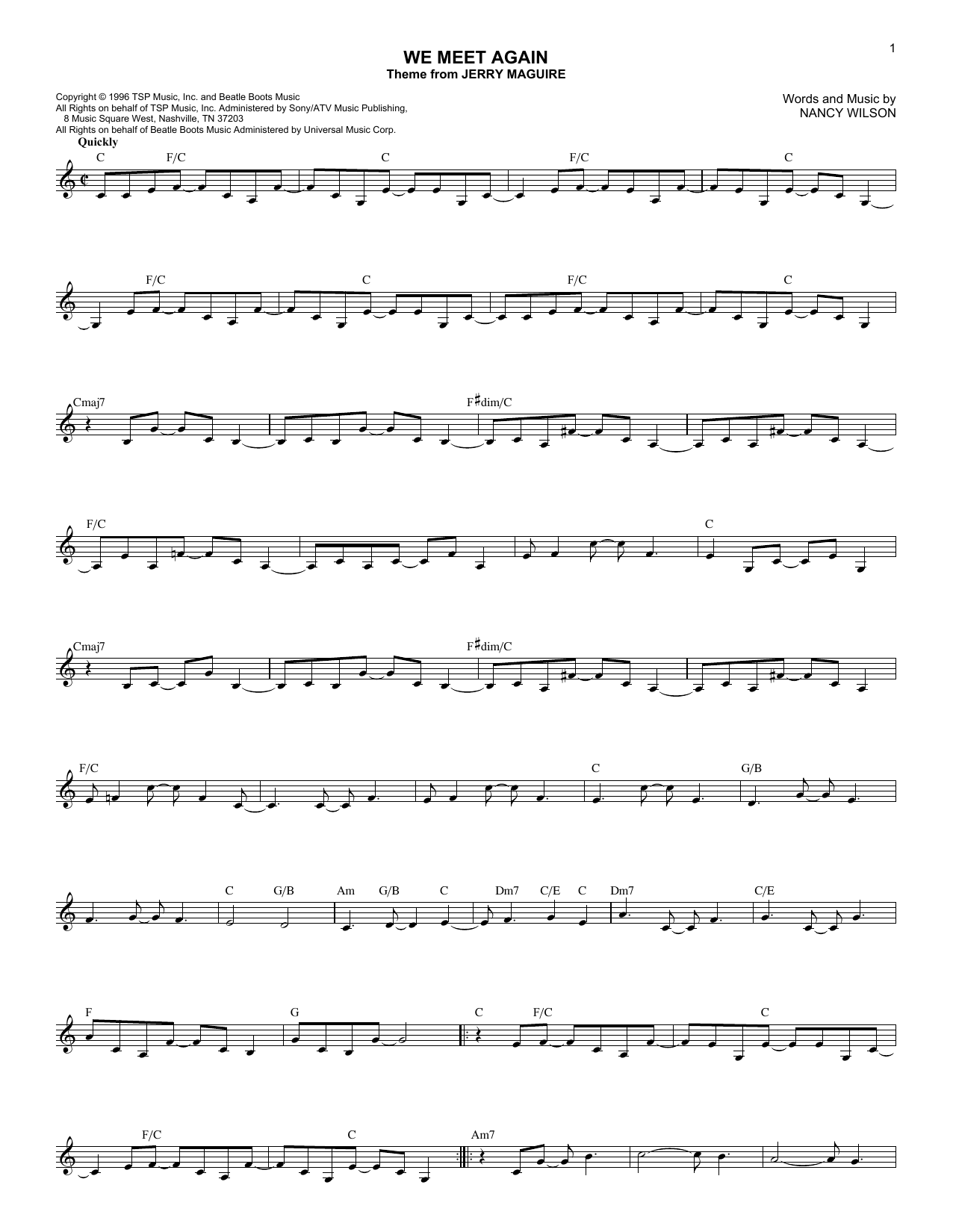 Nancy Wilson We Meet Again Sheet Music Notes & Chords for Melody Line, Lyrics & Chords - Download or Print PDF