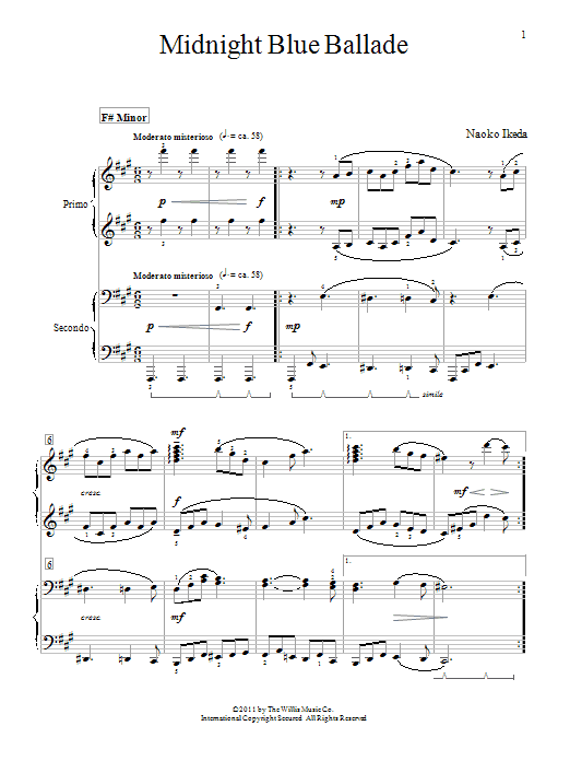 Naoko Ikeda Midnight Blue Ballade Sheet Music Notes & Chords for Piano Duet - Download or Print PDF