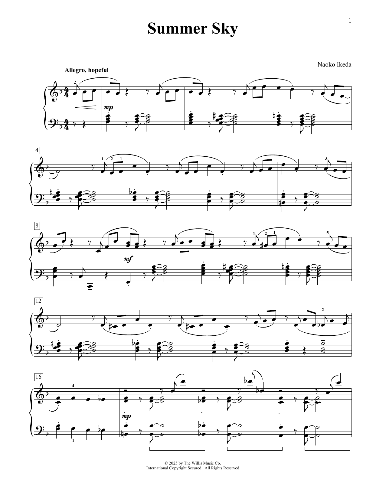 Naoko Ikeda Summer Sky Sheet Music Notes & Chords for Educational Piano - Download or Print PDF