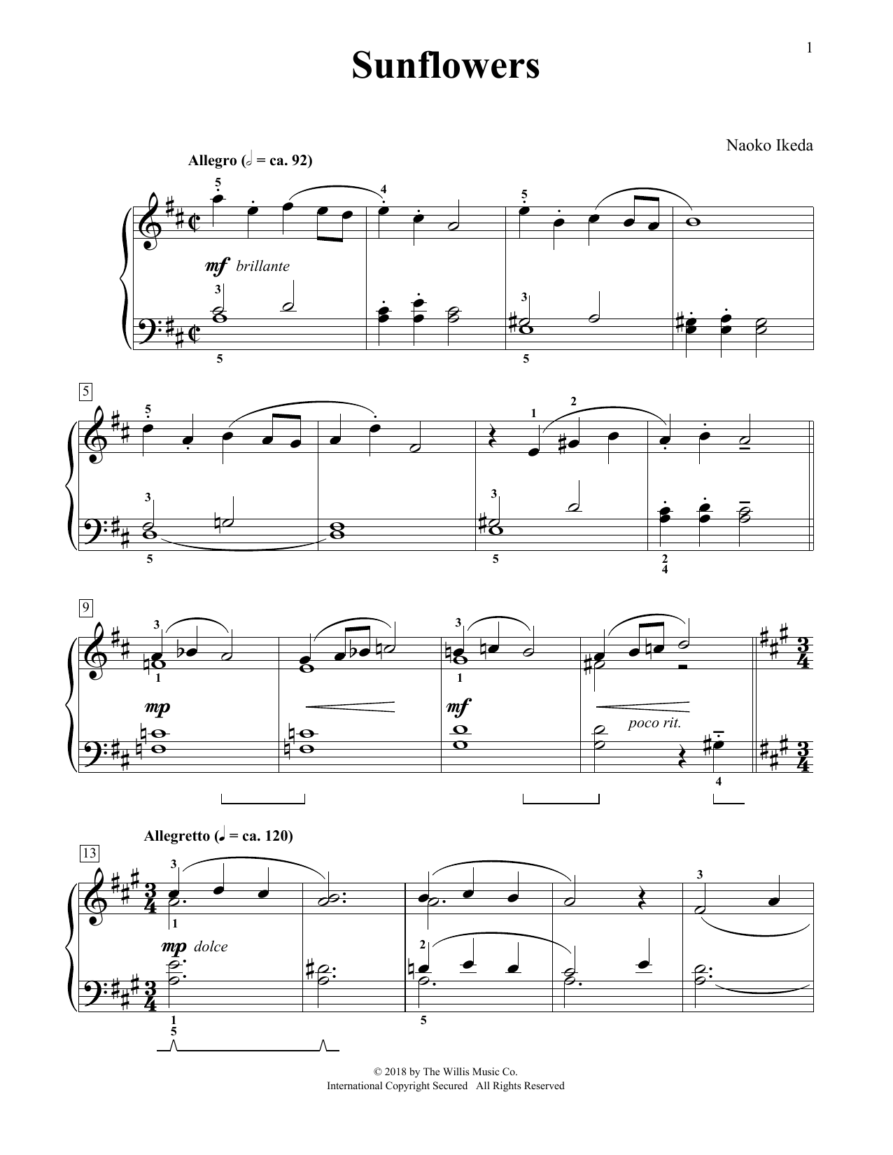 Naoko Ikeda Sunflowers Sheet Music Notes & Chords for Educational Piano - Download or Print PDF