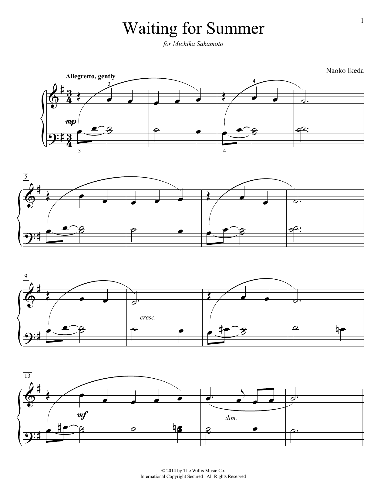 Naoko Ikeda Waiting For Summer Sheet Music Notes & Chords for Educational Piano - Download or Print PDF