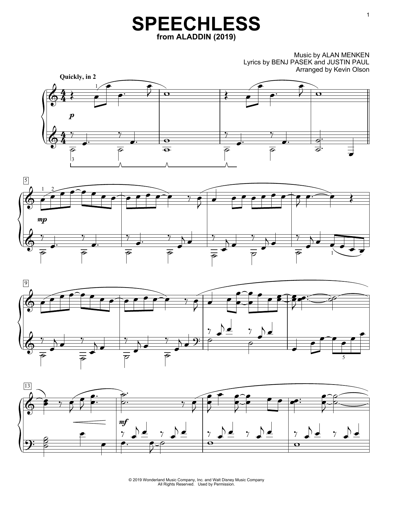 Naomi Scott Speechless (from Aladdin) (2019) (arr. Kevin Olson) Sheet Music Notes & Chords for Easy Piano Solo - Download or Print PDF