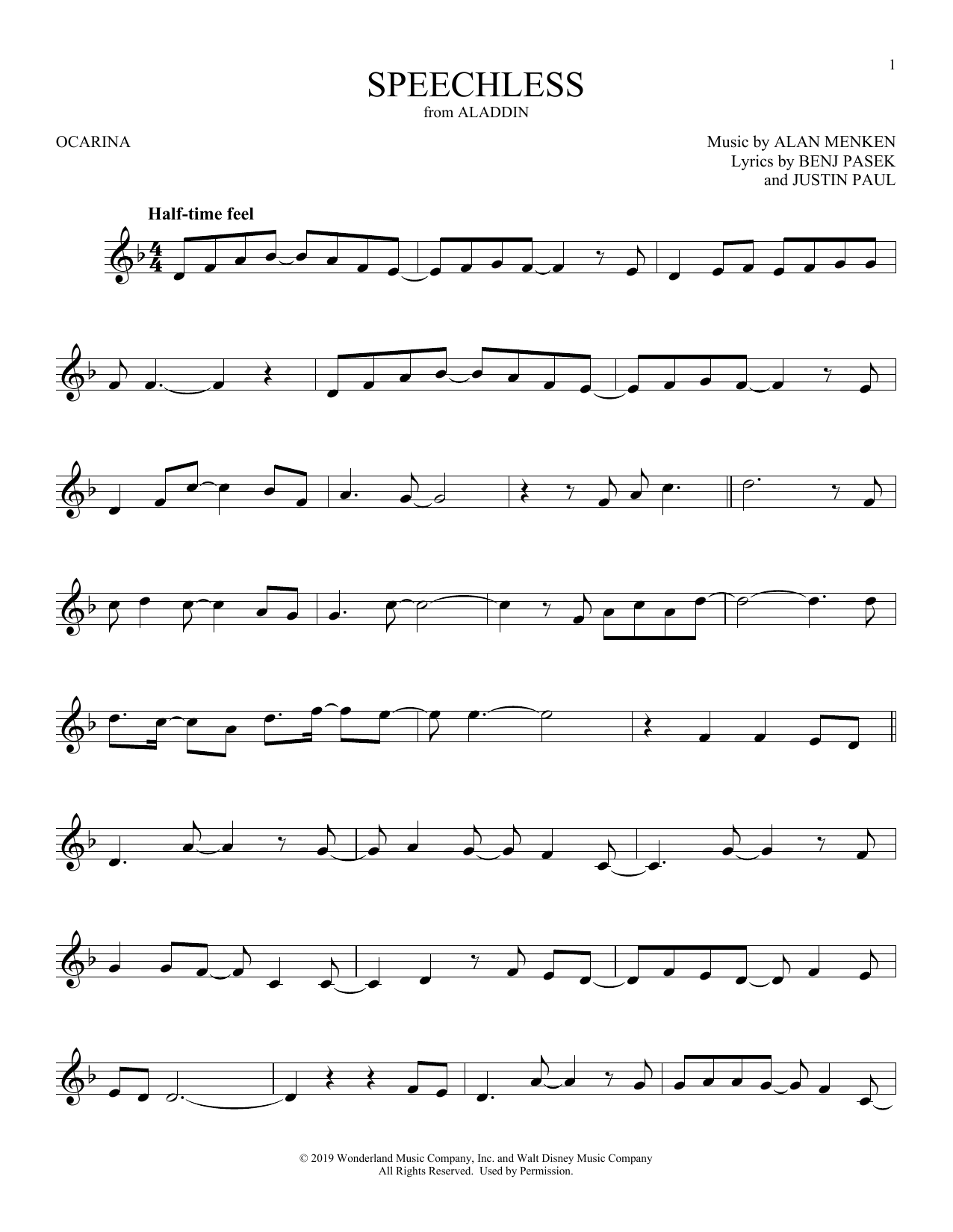 Naomi Scott Speechless (from Aladdin) (2019) Sheet Music Notes & Chords for Ocarina - Download or Print PDF