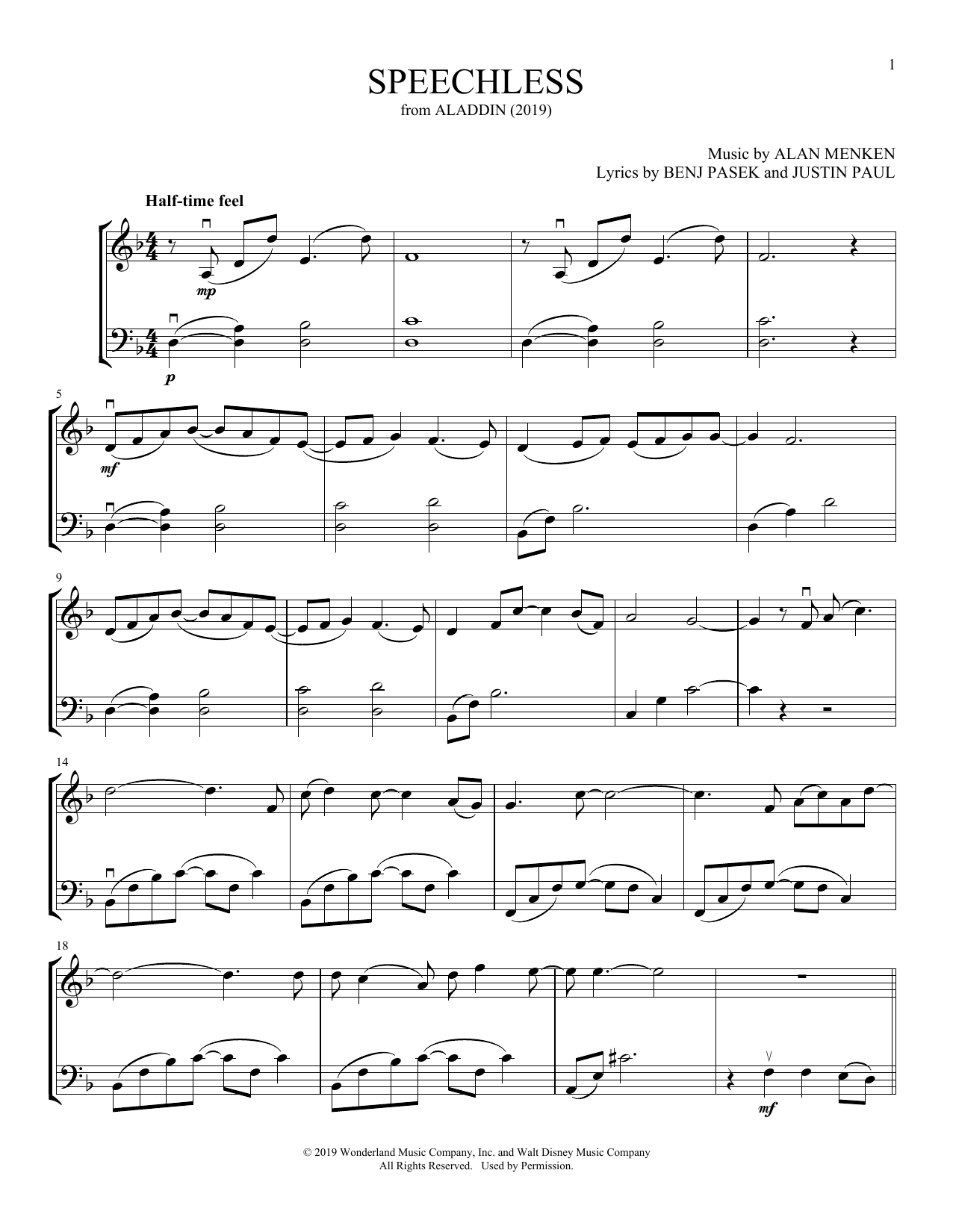Naomi Scott Speechless (from Aladdin) (arr. Michelle Hynson) Sheet Music Notes & Chords for Instrumental Duet - Download or Print PDF