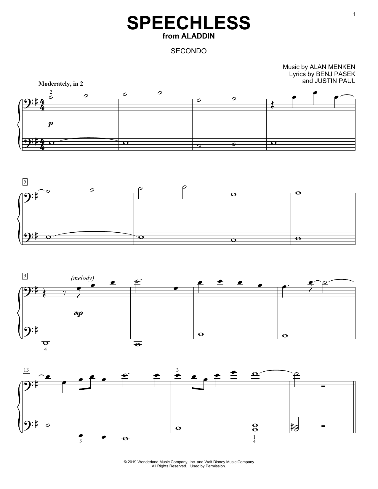 Naomi Scott Speechless (from Disney's Aladdin) (arr. David Pearl) Sheet Music Notes & Chords for Piano Duet - Download or Print PDF