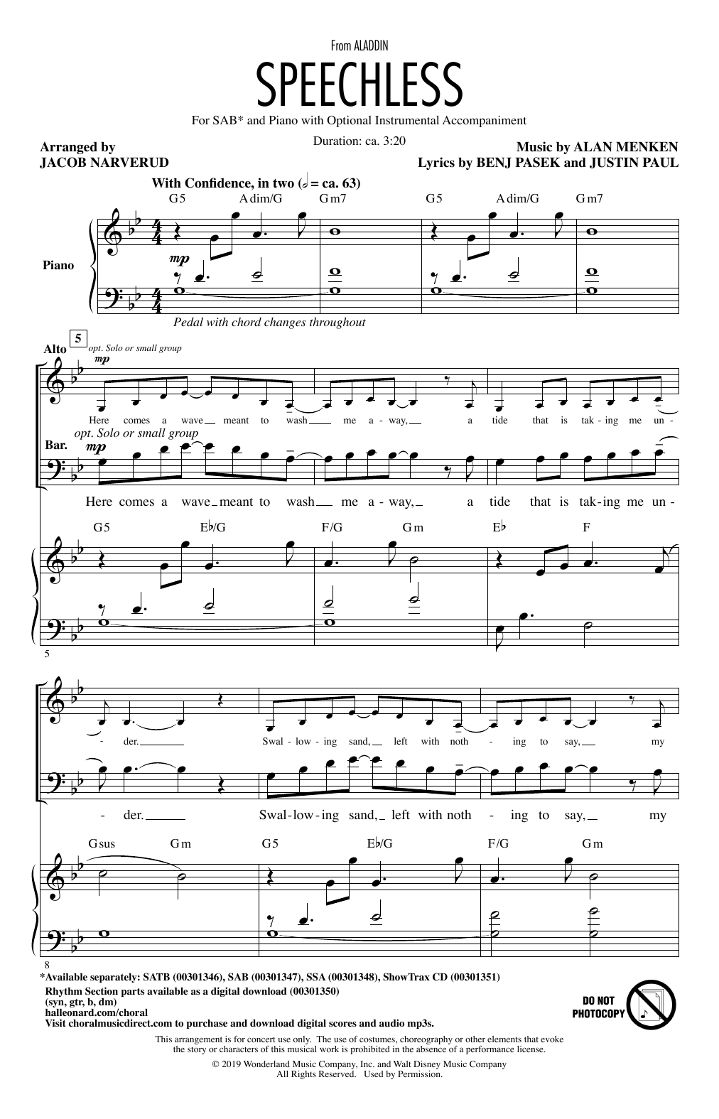 Naomi Scott Speechless (from Disney's Aladdin) (arr. Jacob Narverud) Sheet Music Notes & Chords for SAB Choir - Download or Print PDF