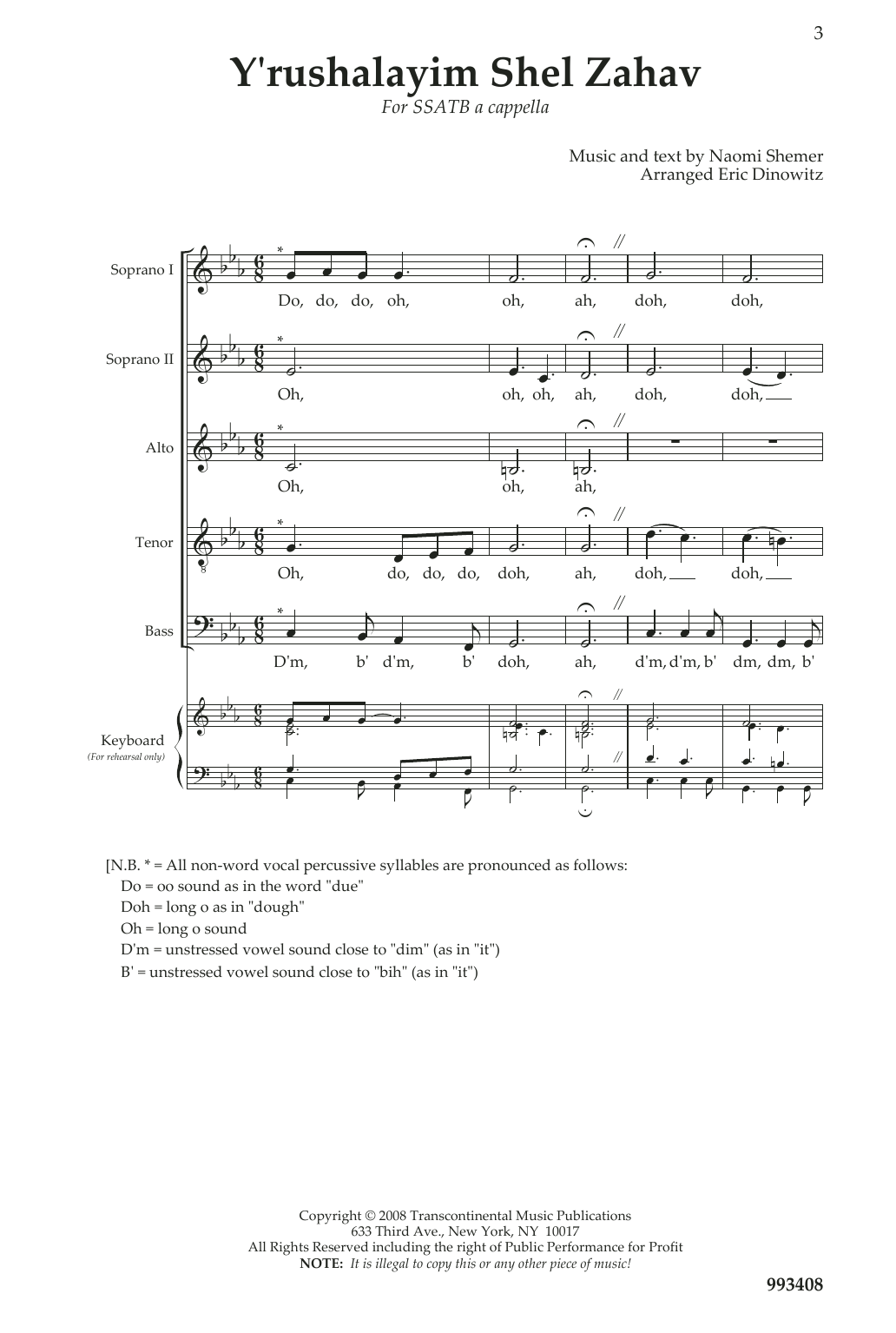 Naomi Shemer Y'rushalayim Shel Zahav (Jerusalem Of Gold) (arr. Eric Dinowitz) Sheet Music Notes & Chords for SSATB Choir - Download or Print PDF