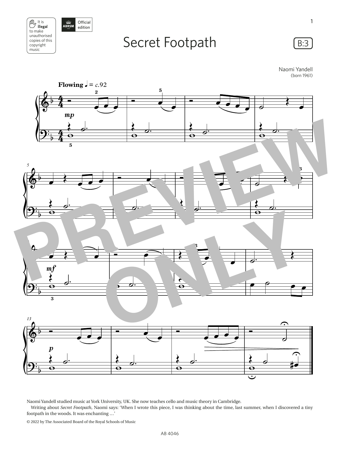 Naomi Yandell Secret Footpath (Grade Initial, list B3, from the ABRSM Piano Syllabus 2023 & 2024) Sheet Music Notes & Chords for Piano Solo - Download or Print PDF