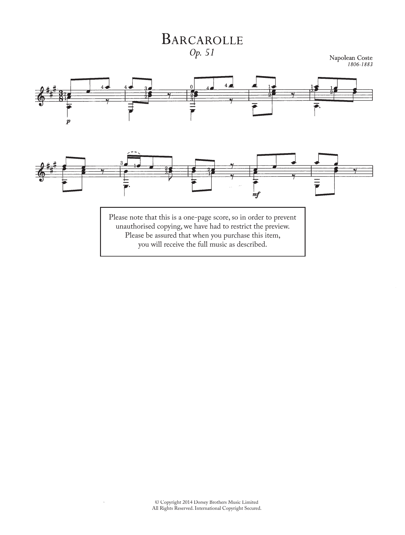 Napoleon Coste Barcarolle, Op.51 Sheet Music Notes & Chords for Guitar - Download or Print PDF