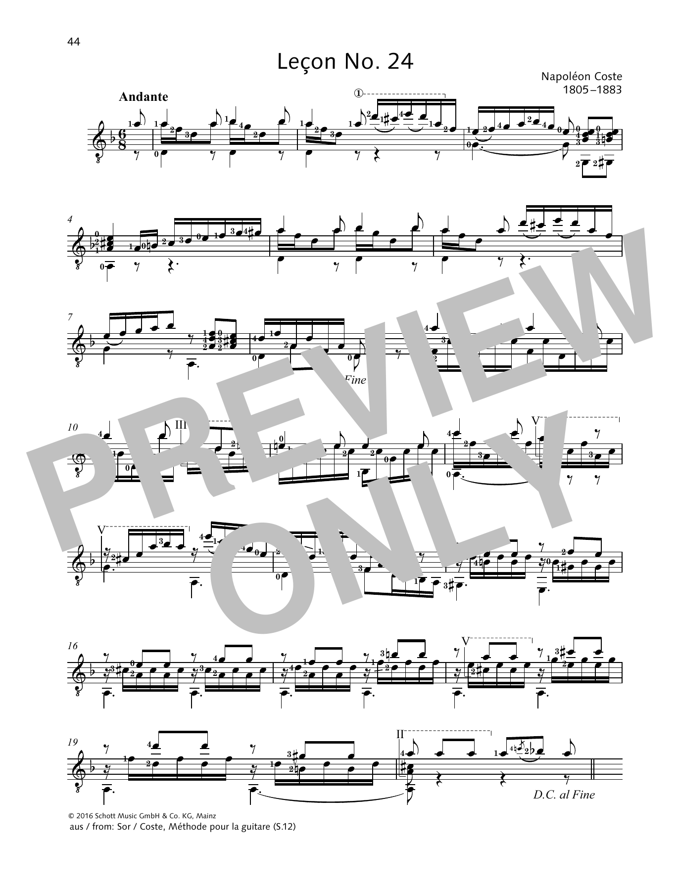 Napoleon Coste Leçon No. 24 Sheet Music Notes & Chords for Solo Guitar - Download or Print PDF