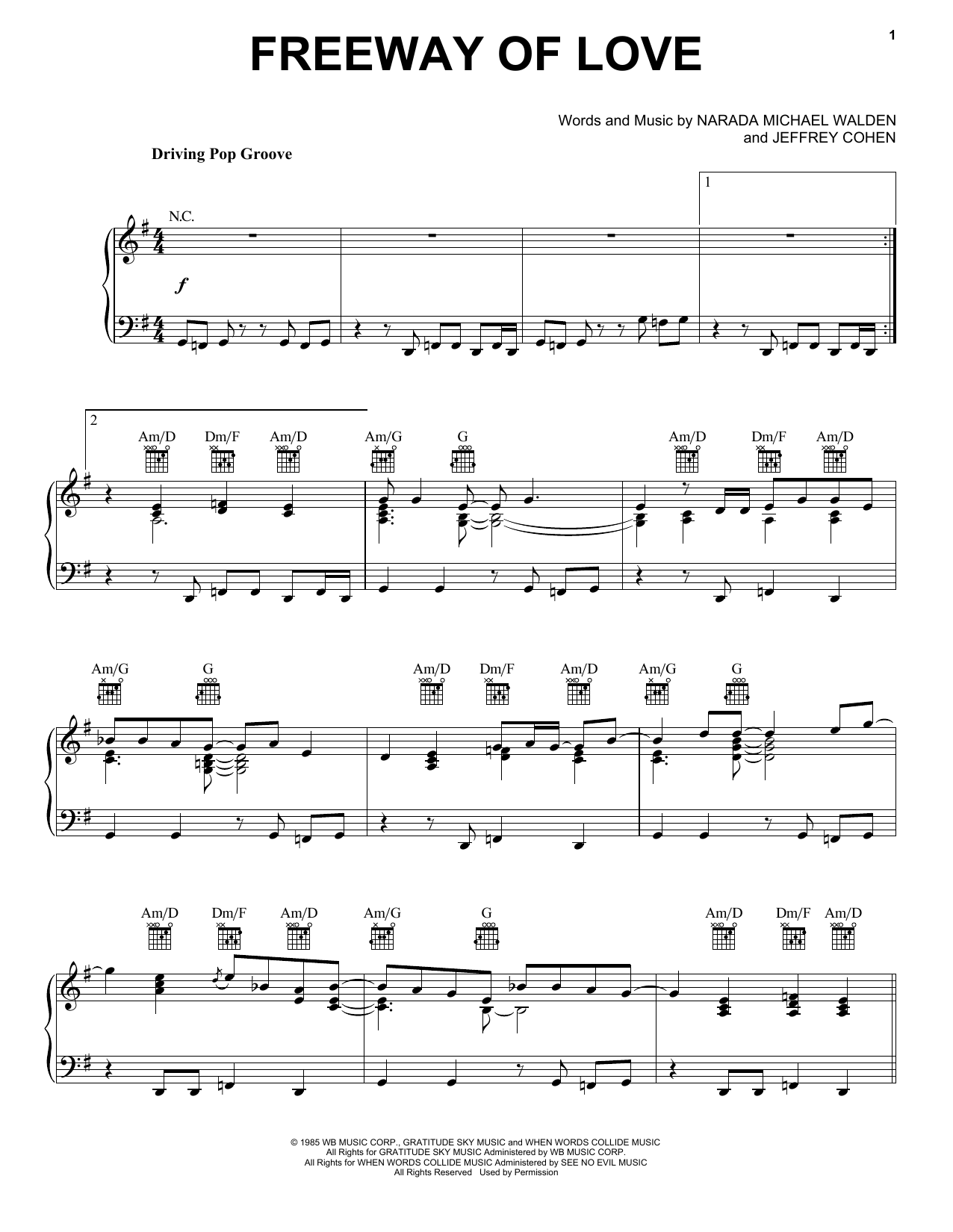 Narada Michael Walden Freeway Of Love Sheet Music Notes & Chords for Piano, Vocal & Guitar (Right-Hand Melody) - Download or Print PDF