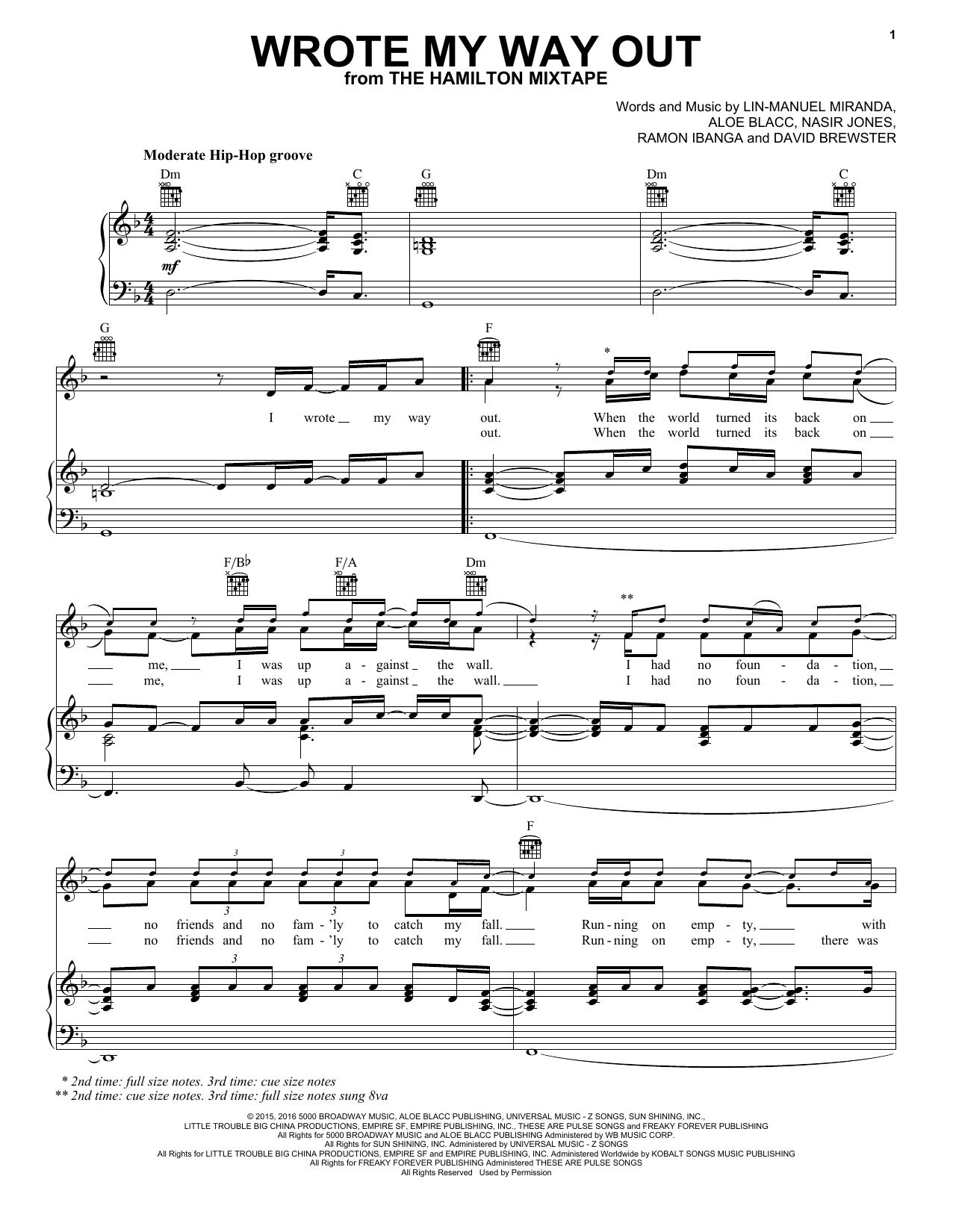 Nas, Dave East, Lin-Manuel Miranda, Aloe Blacc Wrote My Way Out Sheet Music Notes & Chords for Piano, Vocal & Guitar (Right-Hand Melody) - Download or Print PDF