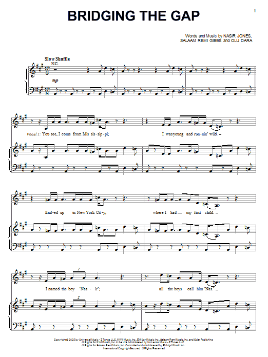 Nas featuring Olu Dara Bridging The Gap Sheet Music Notes & Chords for Piano, Vocal & Guitar (Right-Hand Melody) - Download or Print PDF