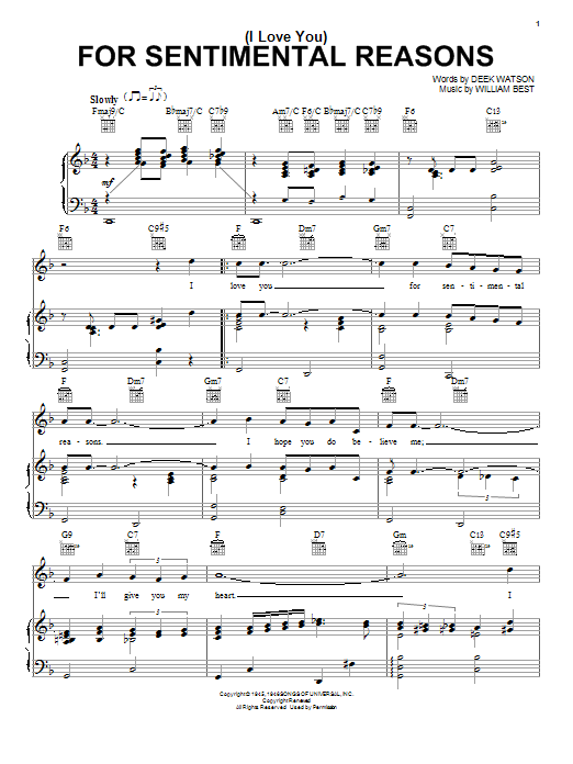 Nat King Cole (I Love You) For Sentimental Reasons Sheet Music Notes & Chords for Real Book - Melody, Lyrics & Chords - C Instruments - Download or Print PDF
