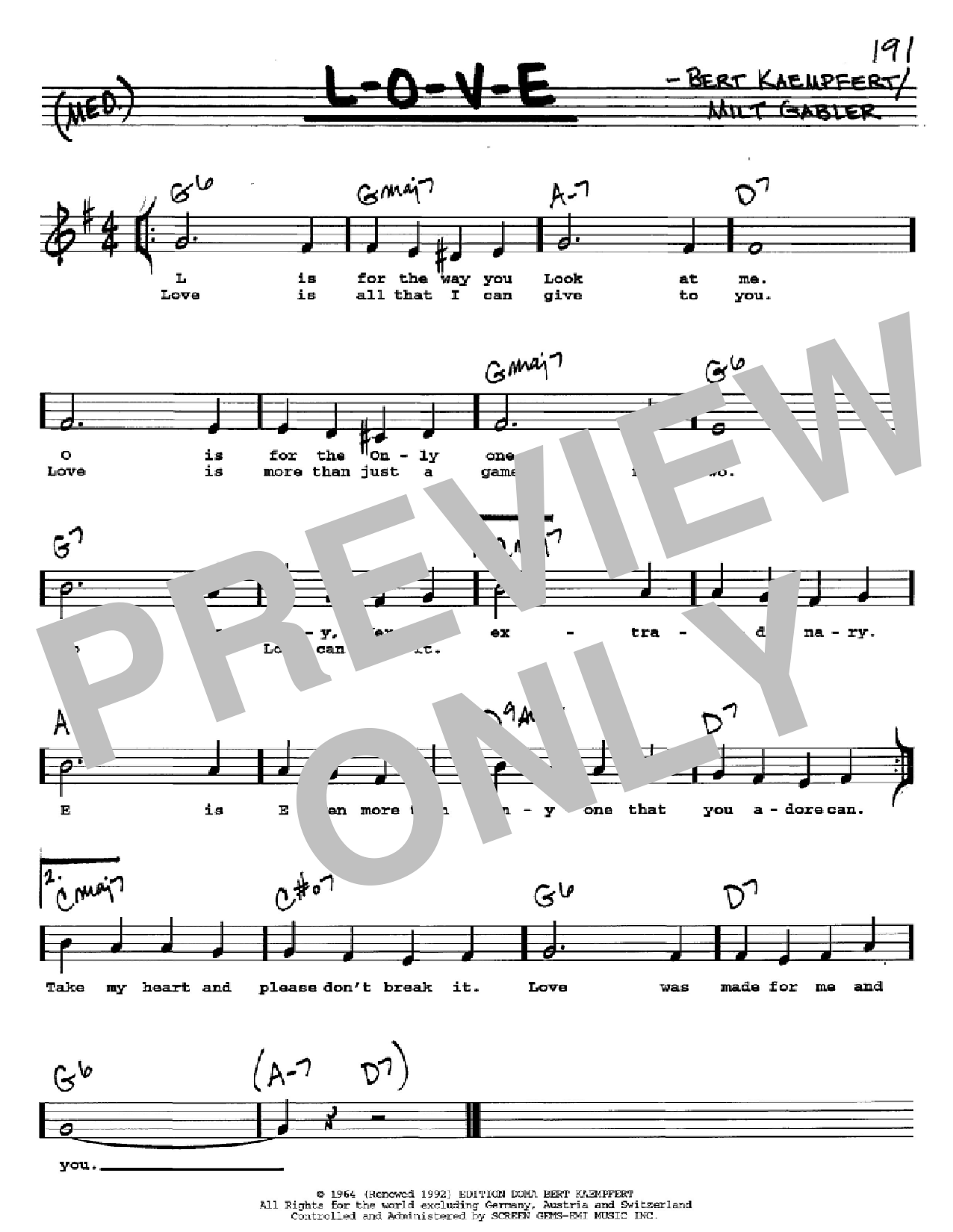 Nat King Cole L-O-V-E Sheet Music Notes & Chords for Piano, Vocal & Guitar (Right-Hand Melody) - Download or Print PDF