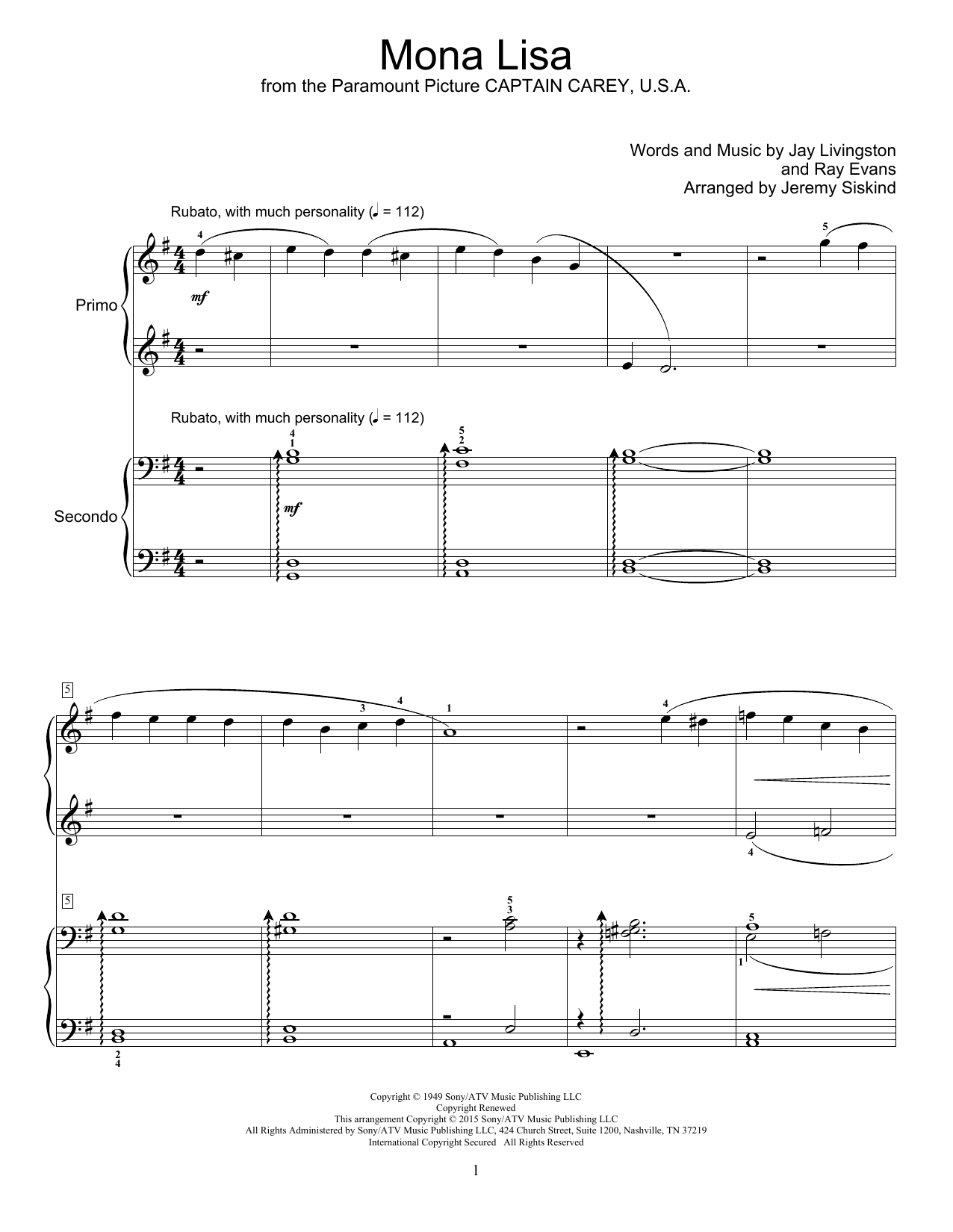 Nat King Cole Mona Lisa Sheet Music Notes & Chords for Piano & Vocal - Download or Print PDF