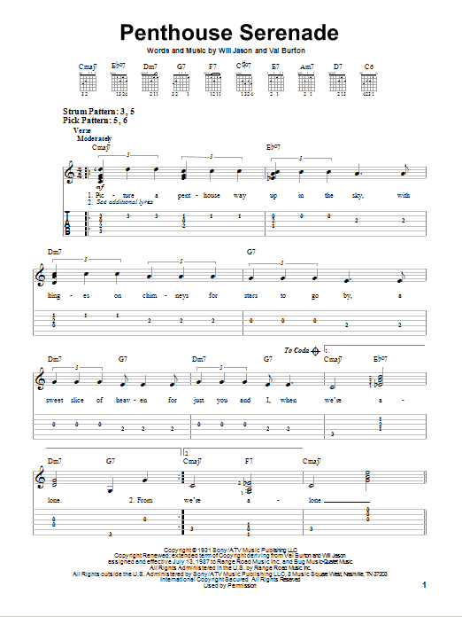 Nat King Cole Penthouse Serenade Sheet Music Notes & Chords for Easy Guitar Tab - Download or Print PDF