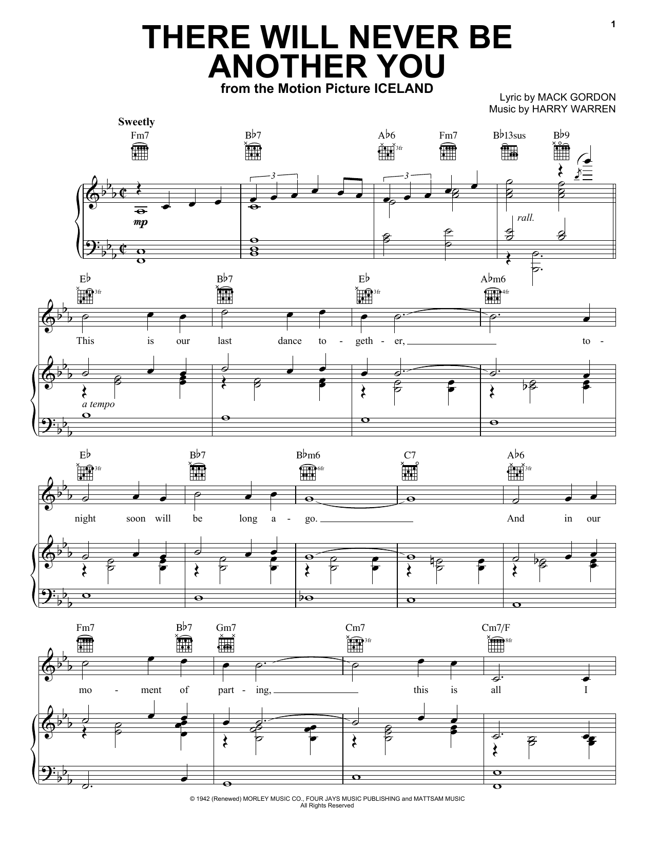 Nat King Cole There Will Never Be Another You Sheet Music Notes & Chords for Piano, Vocal & Guitar (Right-Hand Melody) - Download or Print PDF