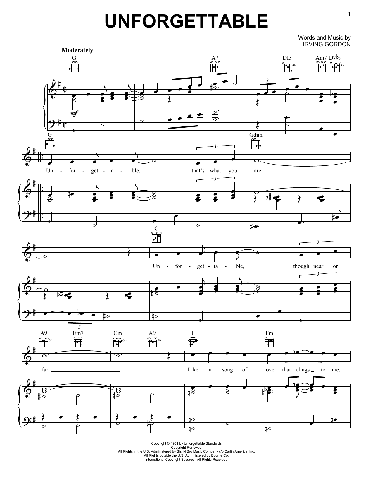 Nat King Cole Unforgettable Sheet Music Notes & Chords for Piano, Vocal & Guitar (Right-Hand Melody) - Download or Print PDF