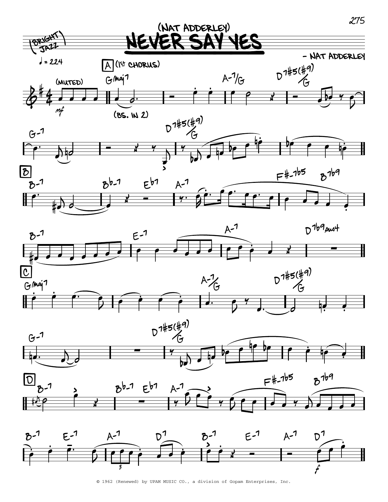 Nat Adderley Never Say Yes (solo only) Sheet Music Notes & Chords for Real Book – Melody & Chords - Download or Print PDF