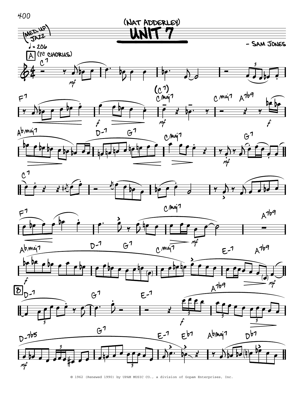 Nat Adderley Unit 7 (solo only) Sheet Music Notes & Chords for Real Book – Melody & Chords - Download or Print PDF