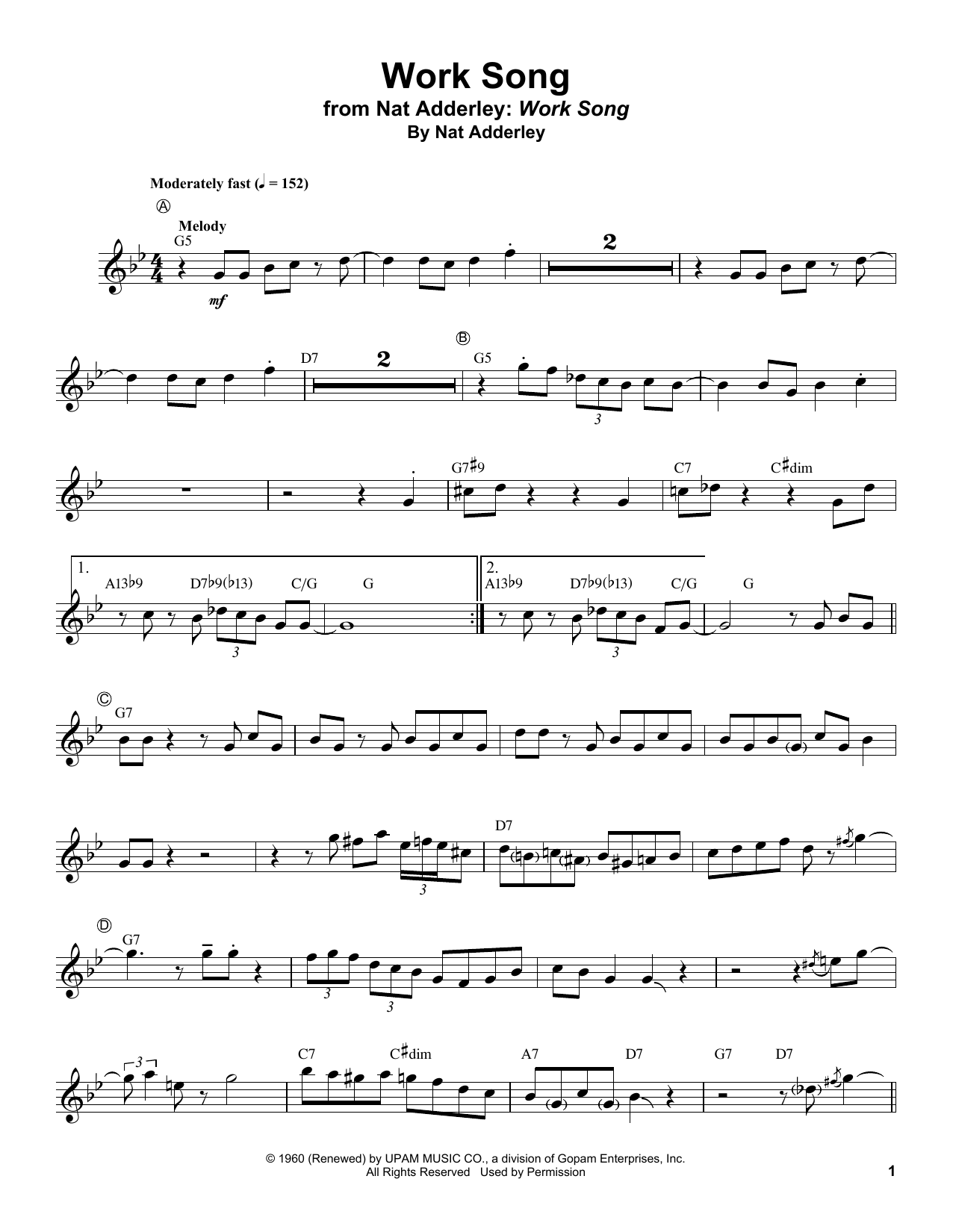Nat Adderley Work Song Sheet Music Notes & Chords for Trumpet Transcription - Download or Print PDF