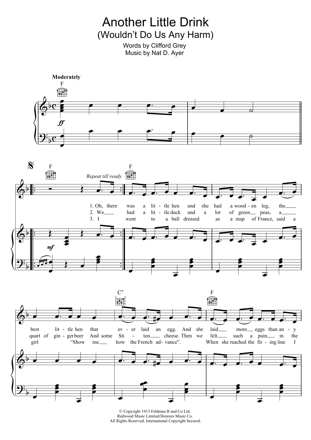 Nat D. Ayer Another Little Drink Wouldn't Do Us Any Harm Sheet Music Notes & Chords for Piano, Vocal & Guitar (Right-Hand Melody) - Download or Print PDF