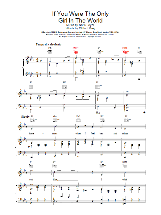 Nat D. Ayer If You Were The Only Girl In The World Sheet Music Notes & Chords for Lead Sheet / Fake Book - Download or Print PDF