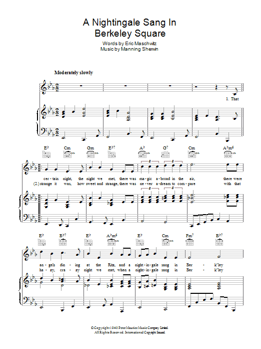 Nat King Cole A Nightingale Sang In Berkeley Square Sheet Music Notes & Chords for Piano, Vocal & Guitar (Right-Hand Melody) - Download or Print PDF