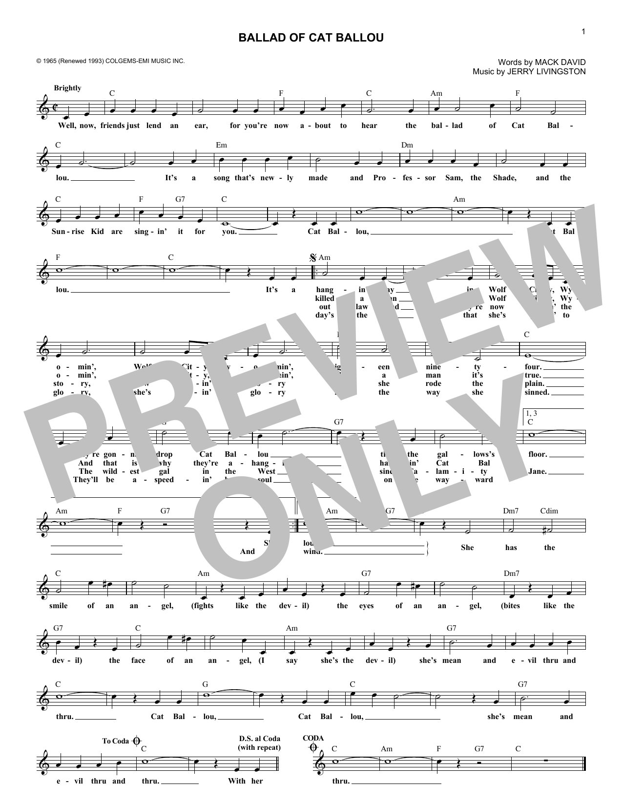 Nat King Cole Ballad of Cat Ballou Sheet Music Notes & Chords for Melody Line, Lyrics & Chords - Download or Print PDF