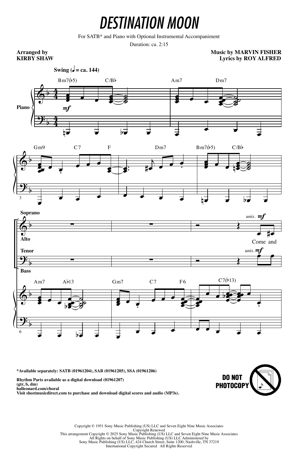 Nat King Cole Destination Moon (arr. Kirby Shaw) Sheet Music Notes & Chords for SATB Choir - Download or Print PDF