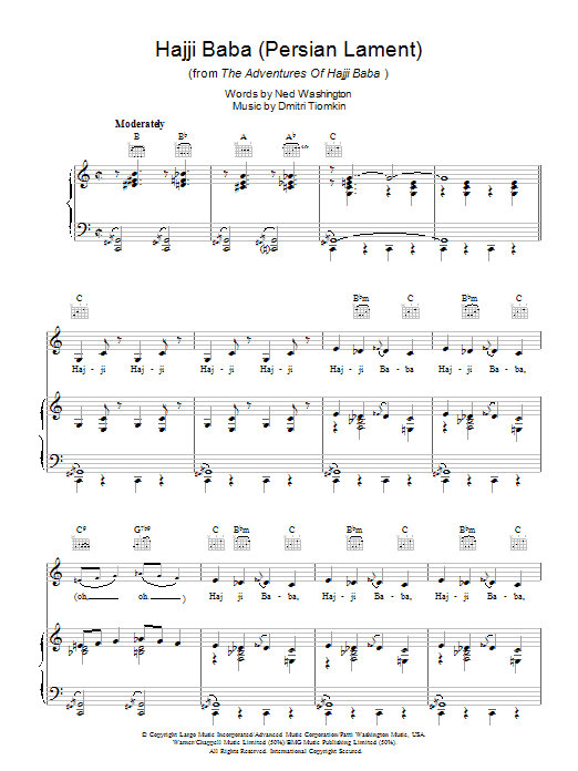 Nat King Cole Hajji Baba (Persian Lament) Sheet Music Notes & Chords for Piano, Vocal & Guitar (Right-Hand Melody) - Download or Print PDF