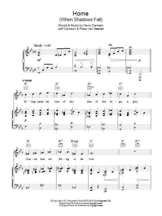 Nat King Cole Home (When Shadows Fall) Sheet Music Notes & Chords for Piano, Vocal & Guitar (Right-Hand Melody) - Download or Print PDF