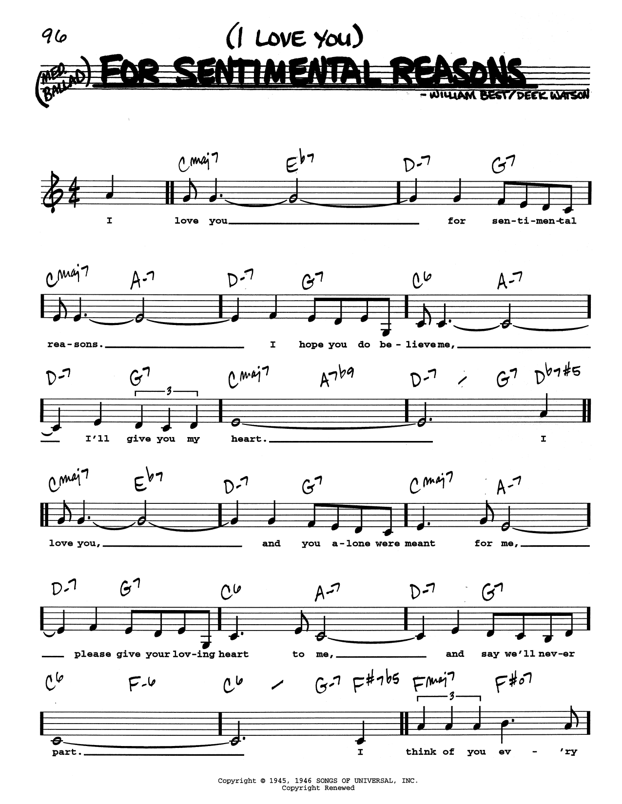 Nat King Cole (I Love You) For Sentimental Reasons (Low Voice) Sheet Music Notes & Chords for Real Book – Melody, Lyrics & Chords - Download or Print PDF