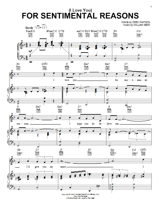 Nat King Cole (I Love You) For Sentimental Reasons Sheet Music Notes & Chords for Piano, Vocal & Guitar (Right-Hand Melody) - Download or Print PDF