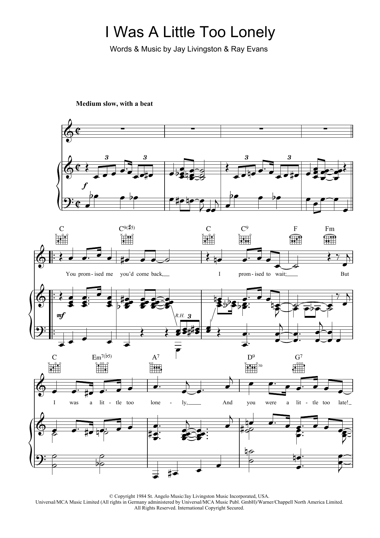 Nat King Cole I Was A Little Too Lonely Sheet Music Notes & Chords for Piano, Vocal & Guitar (Right-Hand Melody) - Download or Print PDF