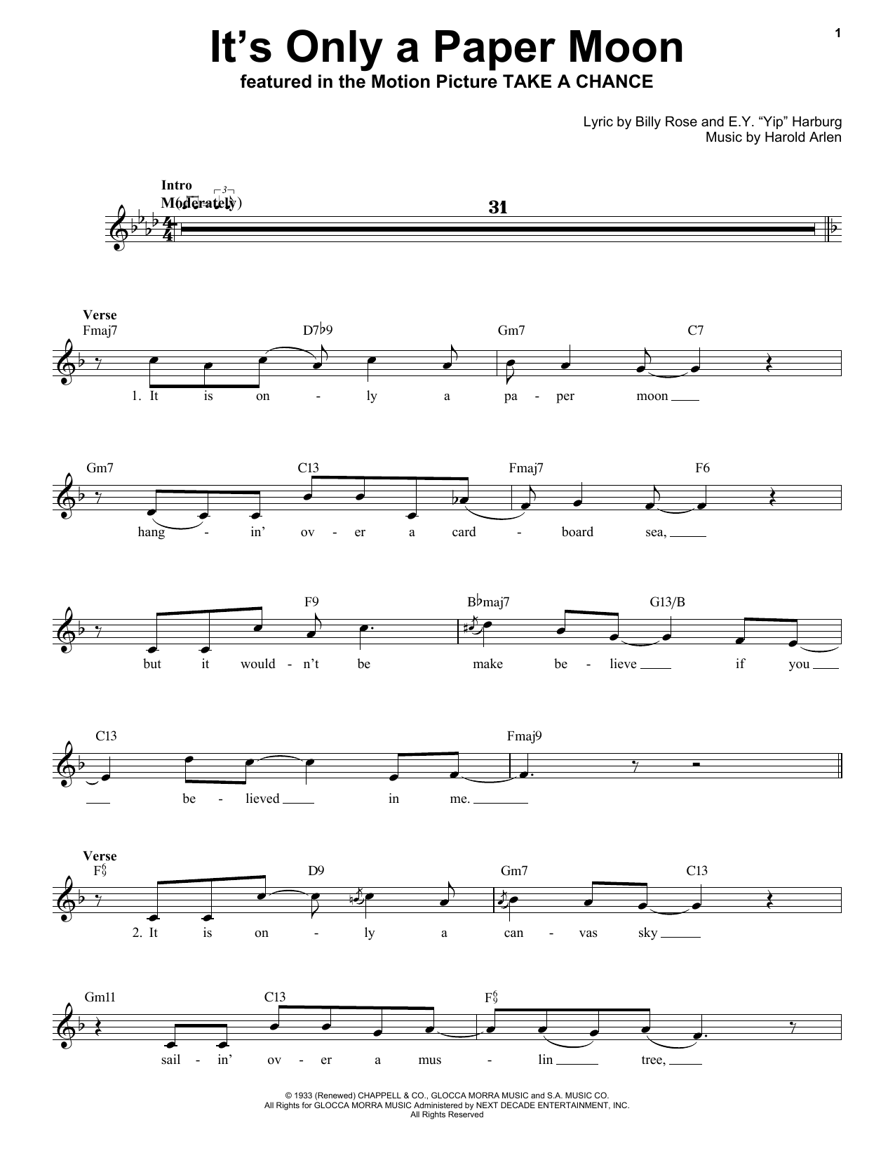 Nat King Cole It's Only A Paper Moon Sheet Music Notes & Chords for Voice - Download or Print PDF